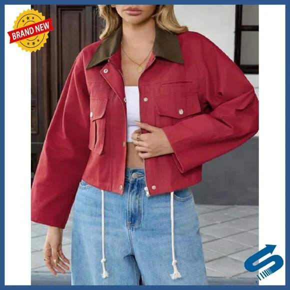 Women's Cropped Utility Jacket 100% Cotton Button Front Casual Barn Coat